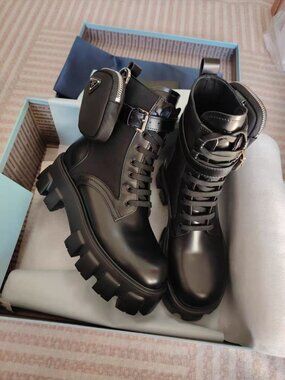 Prada Black Leather Lace Up Platform Combat Boots